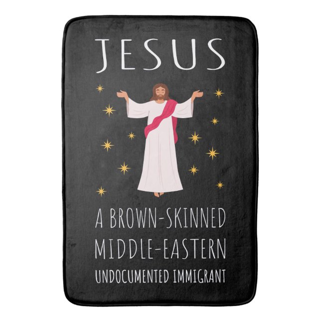 Jesus Brunskiftad Papperslös Invandrare I Badrumsmatta (Framsidan (Vertikal))
