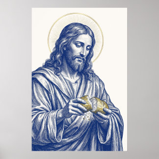 Jesus bryter bröd Blå gravyrkonst Poster