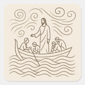 Jesus Calms the Storm Line Art Sticker Fyrkantigt Klistermärke