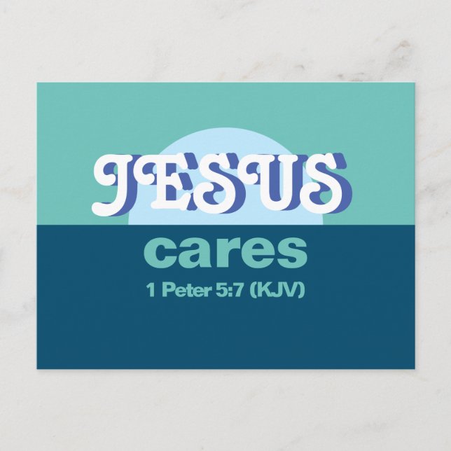 Jesus Cares. 1 Peter 5:7 (KJV) - Havsblått - Inbjudan Vykort (Framsida)