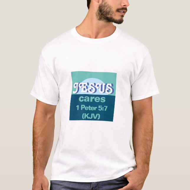 Jesus Cares. 1 Peter 5:7 (KJV) - Havsblått - T Shirt (Framsida)
