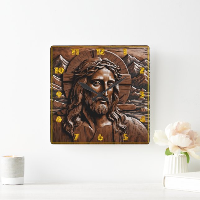 Jesus Carved in Wood Surrozed by Mountains Fyrkantig Klocka (Hem)