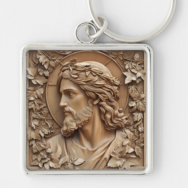 Jesus Carving Keychain Fyrkantig Silverfärgad Nyckelring (Framsidan)