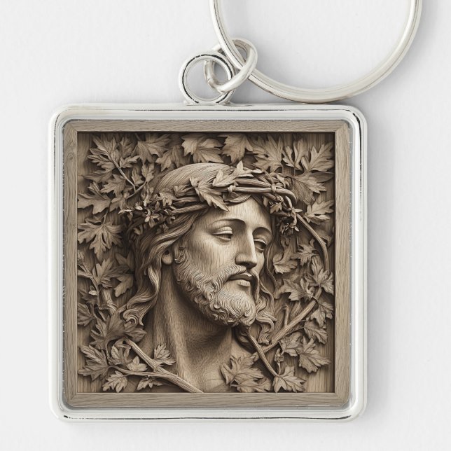 Jesus Carving Keychain Fyrkantig Silverfärgad Nyckelring (Framsidan)