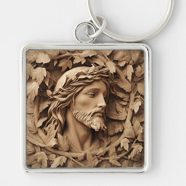 Jesus Carving Keychain Fyrkantig Silverfärgad Nyckelring (Framsidan)