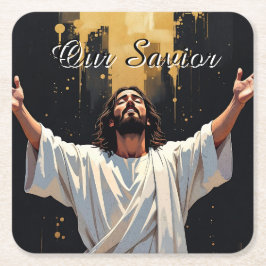 Jesus Christ Our Savior | Black and Gold Underlägg Papper Kvadrat