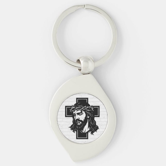 Jesus Christ Spiritual Art Keychain - Religious Ke Swirl Silverfärgad Nyckelring (Framsidan)