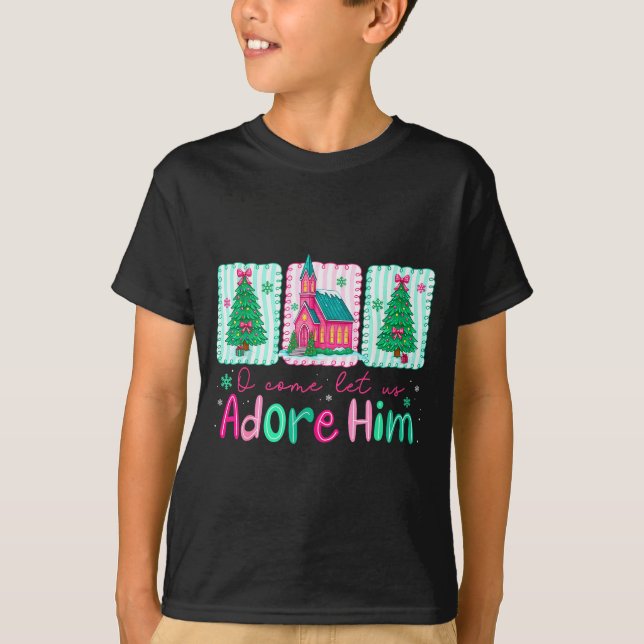 Jesus Christmas Xmas Tree Preppy Oh Come Let Us Ad T Shirt (Framsida)
