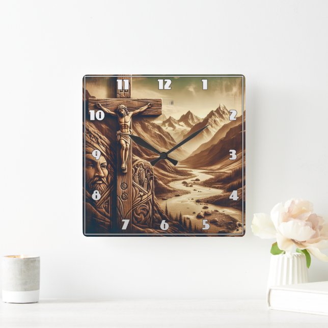 Jesus Crucied in Mountain Ligcape Fyrkantig Klocka (Hem)