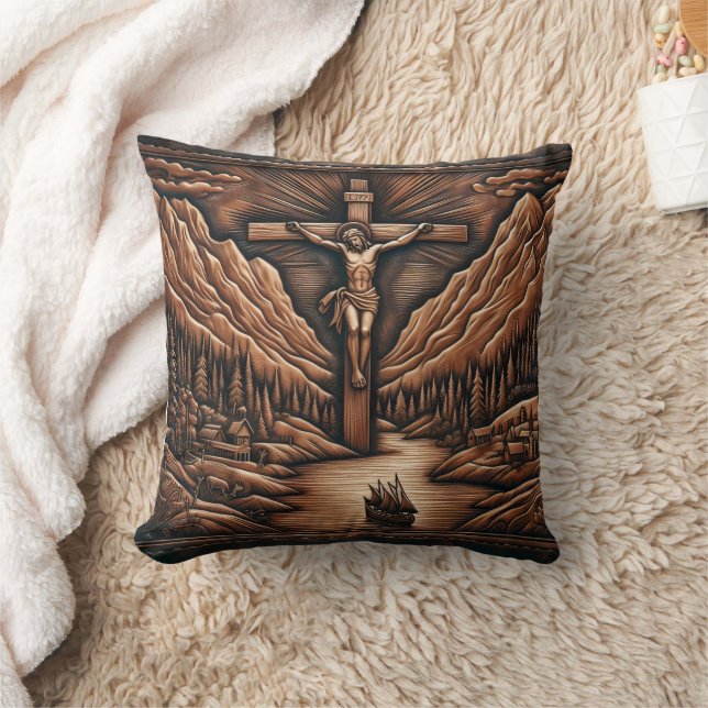 Jesus Crucified Amidst Mountains och River Kudde (Filt)