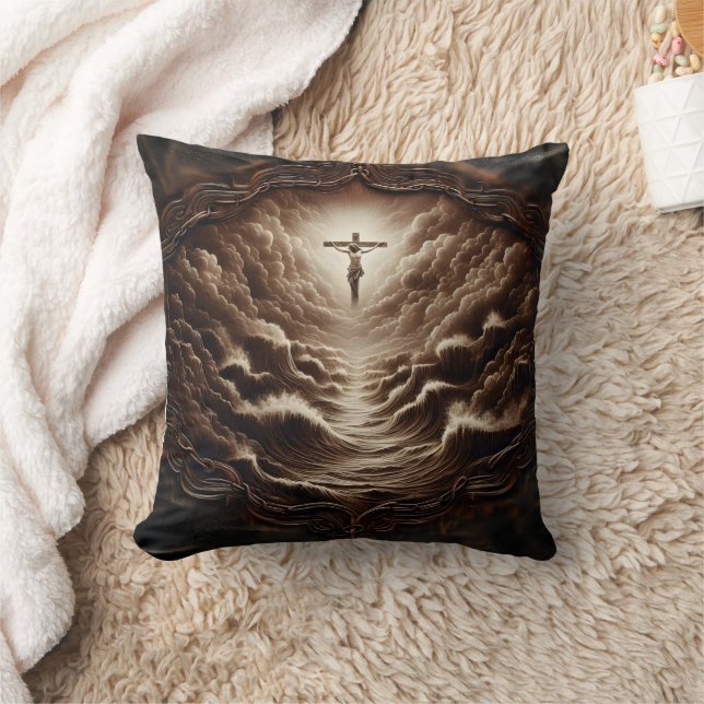 Jesus Crucifixion over Stormy Ocean Vågar Kudde (Filt)