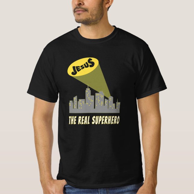 Jesus den riktiga superhjälten Fladdermus Signal T T Shirt (Framsida)
