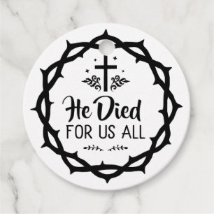 Jesus dog för oss alla gåvor etiketter