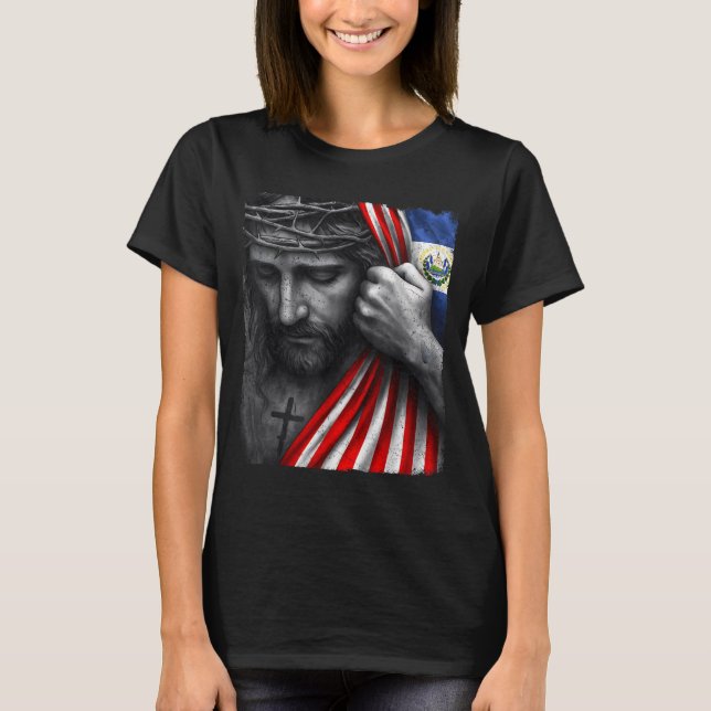 Jesus Faith Cross Crown America El Salvador Herita T Shirt (Framsida)