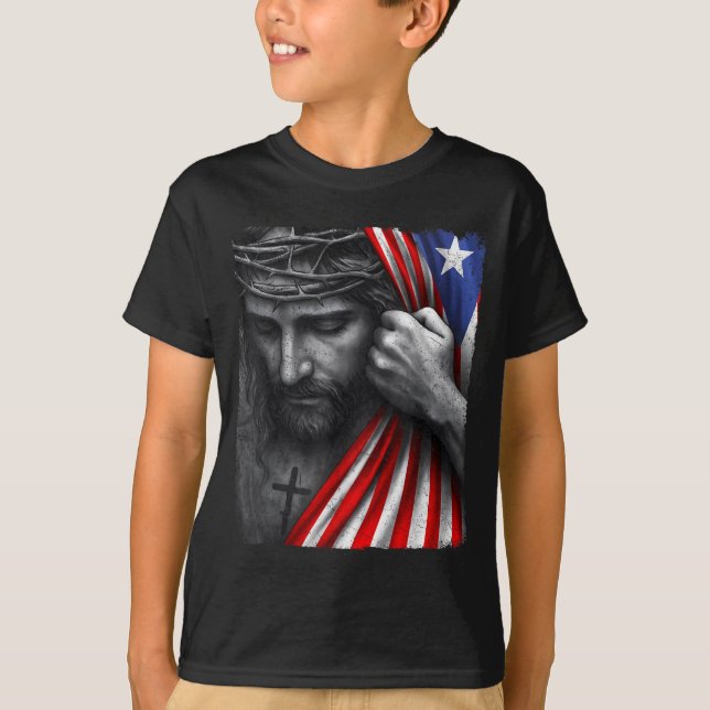 Jesus Faith Cross Crown America Puerto Rico Herita T Shirt (Framsida)