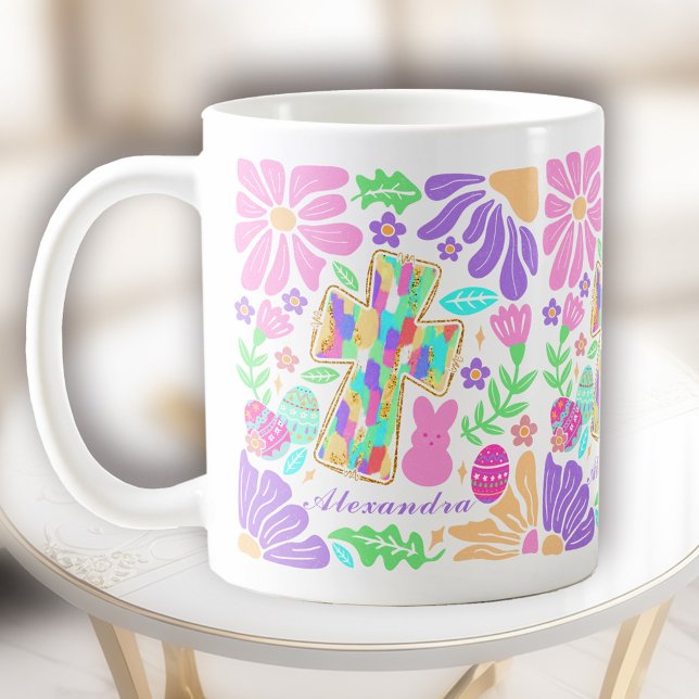 Jesus Färgfläckig Kor Påsk Feminine eget namn Kaffemugg (Jesus Colorful Cross Easter Womens Custom Name Coffee Mug)