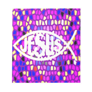 JESUS FISH ICHTHYS STAINED GLASS WINDOW LILA ANTECKNINGSBLOCK