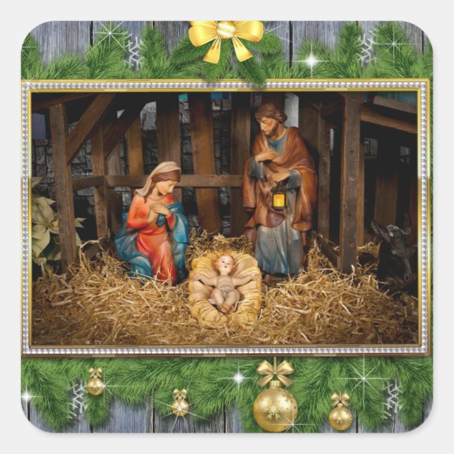 Jesus född manger fyrkantigt klistermärke (Framsida)