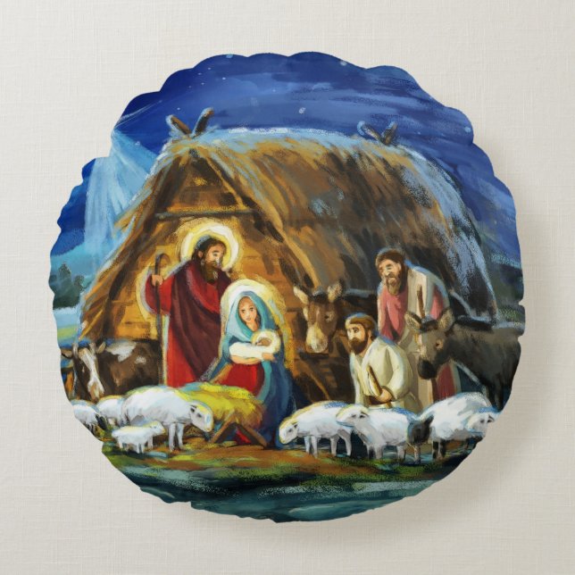 "Jesus föddes" Rund Kudde (Framsidan)