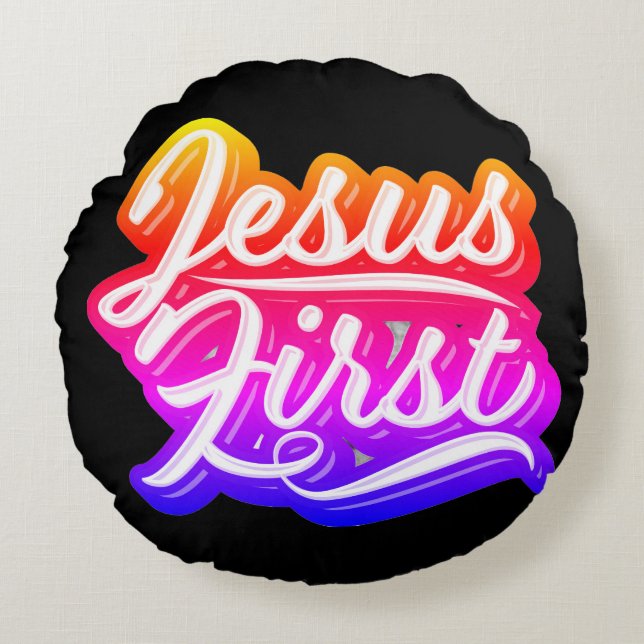 Jesus Första Ljusa färger Rund Kudde (Framsidan)