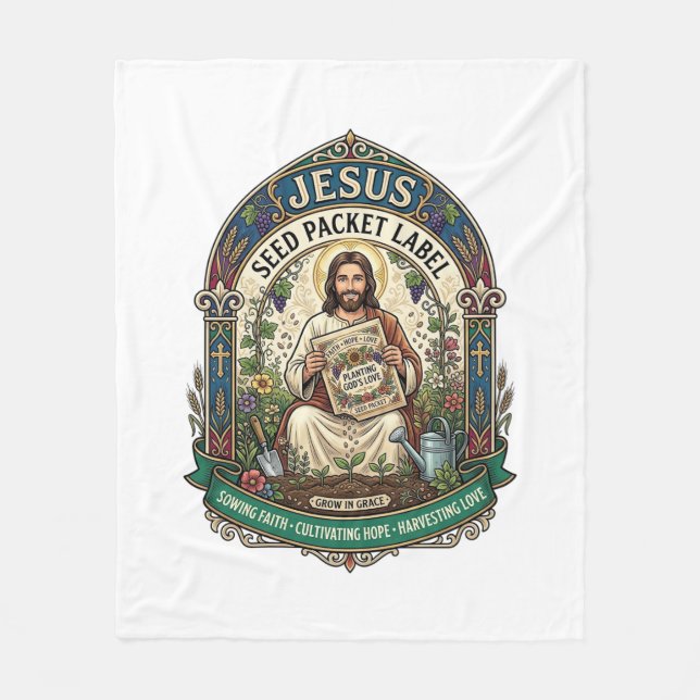 Jesus fröpaket etikett Jesus fröpaket Kristna Fleecefilt (Framsidan)