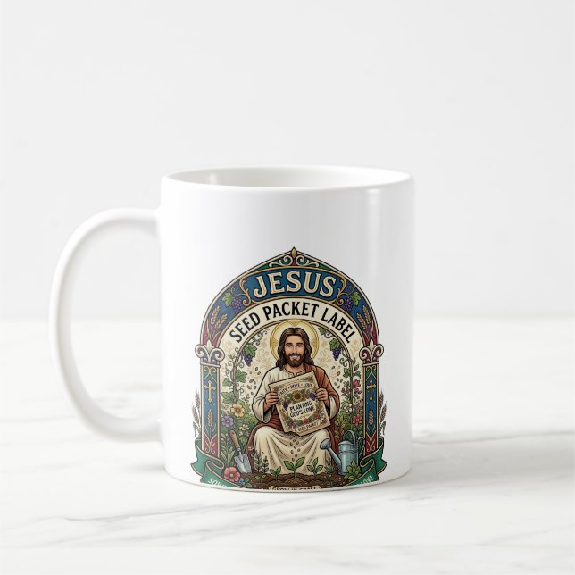 Jesus fröpaket etikett Jesus fröpaket Kristna Kaffemugg (Vänster)