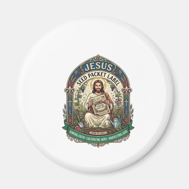 Jesus fröpaket etikett Jesus fröpaket Kristna Magnet (Framsidan)