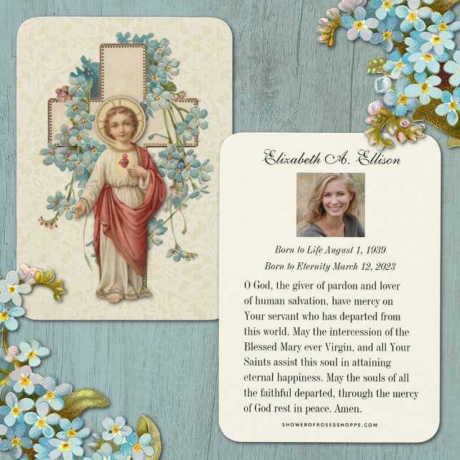 Jesus Funeral Memorial Prayer Heliga Card Visitkort (Traditional Catholic Sacred Heart of Jesus Floral Funeral Prayer Card)