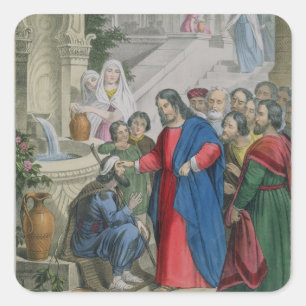 Jesus Ge Sight to One Born Blind, från en bibel Fyrkantigt Klistermärke
