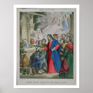 Jesus ger sikt till en född blind, från en bibel poster