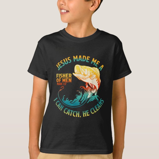 Jesus gjorde mig till fiskarnas bibliska verselmär t shirt (Framsida)