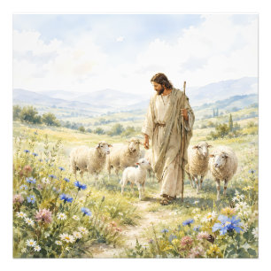 Jesus Goda Herden Vattenfärg Blomma Fototryck