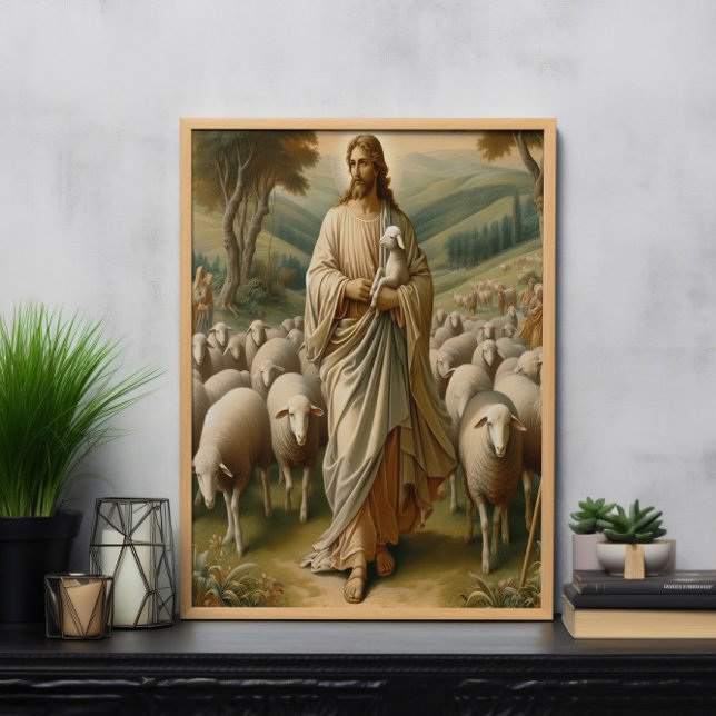 Jesus Guiding Sheep through Grönt Pastures Poster (Skapare uppladdad)