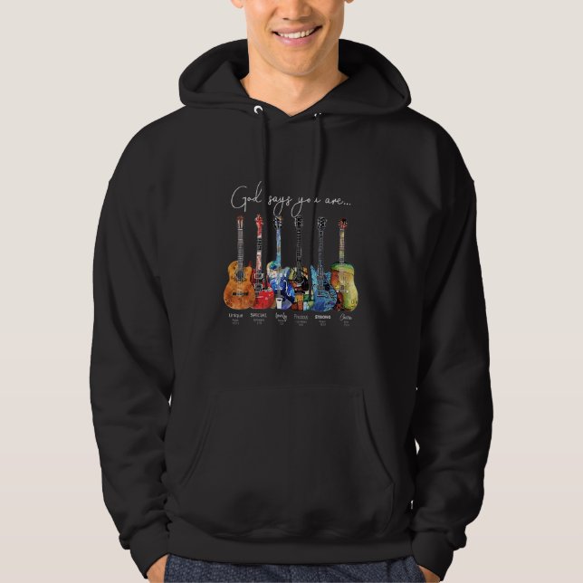 Jesus Guitar Färg Gud säger att du är Hoodie (Framsida)