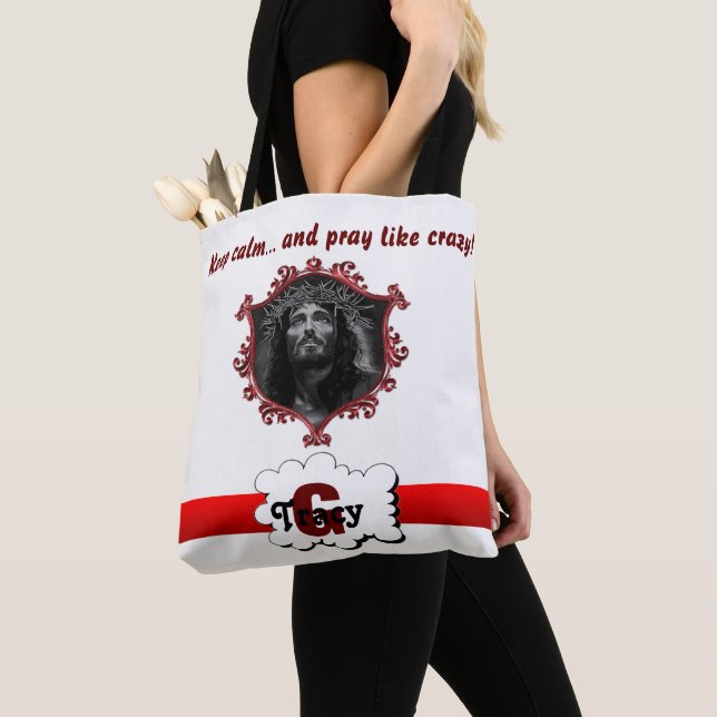 Jesus Håll lugn & be som galen monogram väska.b2 Tygkasse (Närbild)