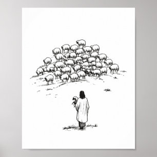 Jesus hållande det förlorade lammet bland hjorden poster