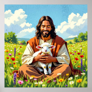 Jesus hållande ett lamm Religiös påsk Poster