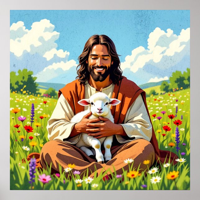 Jesus hållande ett lamm | Religiös påsk Poster (Framsidan)