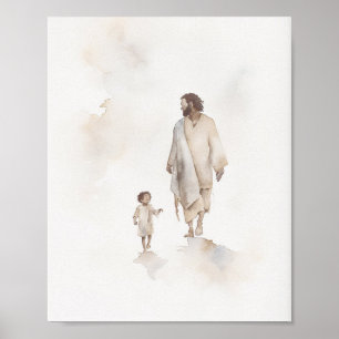 Jesus håller barn - kristen väggkonst, akvarell poster