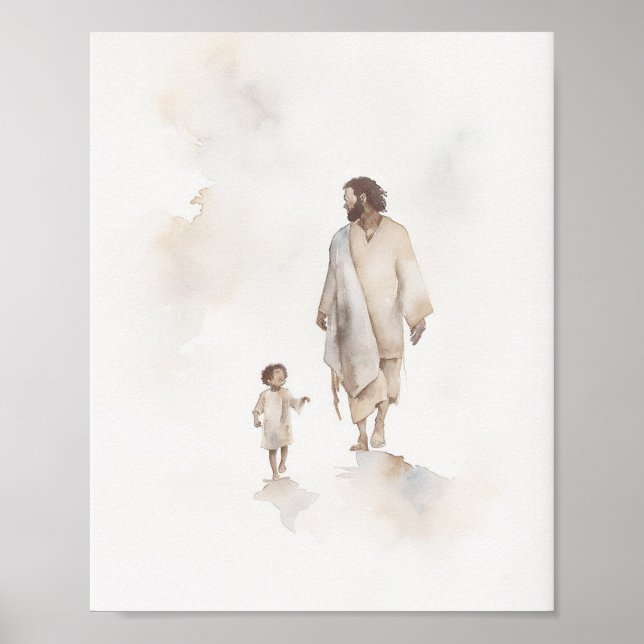 Jesus håller barn - kristen väggkonst, akvarell poster (Framsidan)