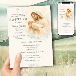 Jesus håller bebis dop invigning inbjudan