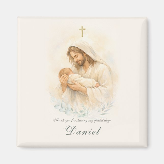 Jesus håller bebis Dop Save the Date Magnet (Framsidan)