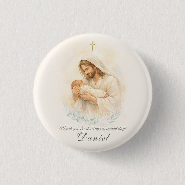 Jesus håller bebis Dop Save the Date Magnet Knapp (Framsida)