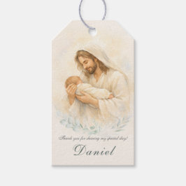Jesus håller bebis Dop Tack Gunstig Märketikett Presentetikett