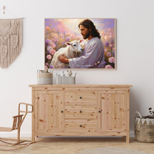 Jesus håller det förlorade lammet kristen konst poster