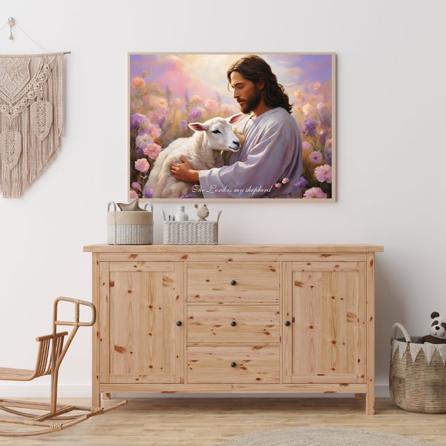 Jesus håller det förlorade lammet kristen konst poster (Religious Poster Jesus Holding the Lamb The Lord is My Shepherd Art)