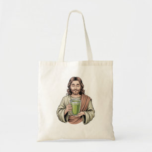 Jesus håller en Matcha Grön Dryck Kristna  Tygkasse