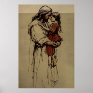 Jesus håller ett barn minimalistisk kristen skiss poster