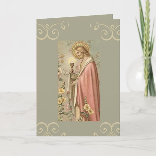 Jesus håller kalk med första nattvarden kort (Framsida)