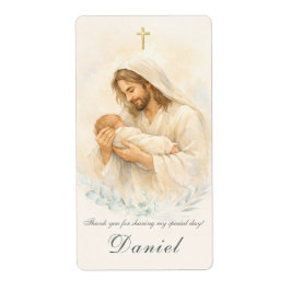 Jesus håller spädbarn Dop Returadressetikett Fraktsedel